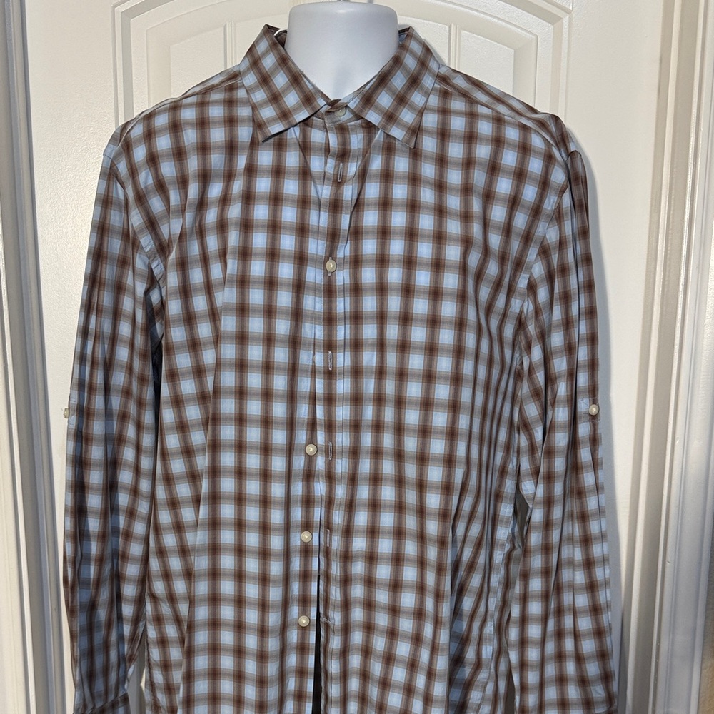 Joseph Abboud Brown and White Plaid Shirt
